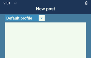 New post screen with selecting of the profile and button for attaching images