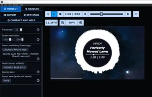 Project settings tab, and a project with 2 bar visualizers, a circle shape, text, timers and a background (shape with image fill)