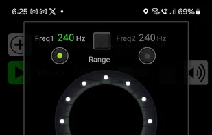 Use the jog wheel to scan through frequencies and find tones that match the pitch of your tinnitus. Tap Listen to hear each frequency, and adjust the volume to a comfortable level. You can select a single frequency or choose a range using the Range checkbox — helpful if you’re unsure of the exact pitch or if multiple frequencies are close together.