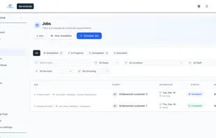 Customer and job details with services, pricing, status, and communication history.