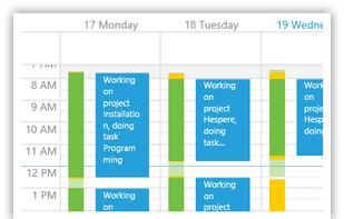 Track your time in an outlook-like calendar. Green and yellow bars left to the time sheet entries indicate booked and unbooked time.