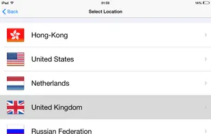 VPN counties list. 10 countries to choose from: USA, UK, Hong Kong, Singapore, Russia, Netherlands, Ukraine, Spain, Germany and France.