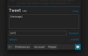 The Tweet composition sends a simple tweet. It is toggled by either the Tweet button in the bottom right or in Mac OS X with the key shortcut command+t.