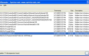 Screenshot of RootkitRevealer detecting the presence of the popular HackerDefender rootkit.