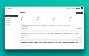  Track corrective actions auto-generated from failed audit items. See status at a glance - open, in progress, overdue - with severity levels and due dates.