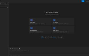 The AI Chat Studio homepage features a sleek, modern interface designed for high-efficiency multitasking across multiple artificial intelligence models. At the top, a clean navigation bar provides quick access to settings and chat templates, while a organized sidebar on the left categorizes conversations into "Today," "This Week," and "Pinned" sections for easy retrieval.