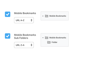 Two Mobile Bookmarks sort options. One option showing a URL A-Z sort and the other showing URL Z-A.