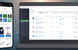 Storefront preview on mobile alongside the store dashboard, where products, orders, and store settings are managed.