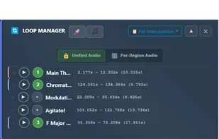 Custom practice sequences: Loop Manager combining multiple song sections into a single practice sequence, each with independent tempo and pitch settings.