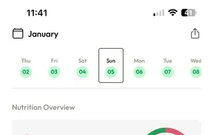 Dashboard that shows goal progress, macro progress, and a meal gallery. 