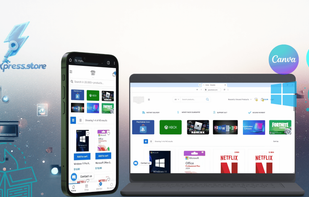 Example digital products store showing a ready-made storefront on desktop and mobile, with branded design and preloaded digital products.