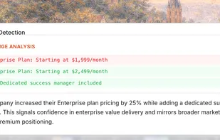 Change detection
See exactly what changed on competitor websites with side-by-side comparisons. Track pricing updates, feature additions, and design changes automatically.