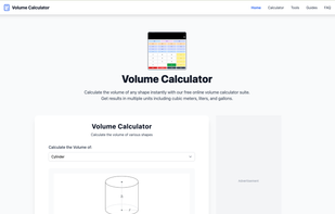 Home page of Volumecalculato.co (First Screenshot)