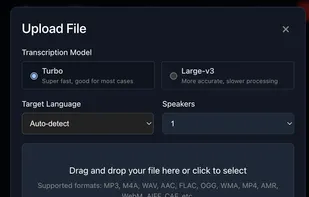 Upload audio or video files via drag-and-drop or click-to-select, supporting 20+ formats including MP3, WAV, AAC, MP4, and WebM. Choose between "Turbo" for super-fast processing or "Large-v3" for higher accuracy. Configure target language (auto-detect available) and speaker count for precise transcription results.