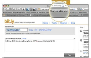 The bit.ly Bookmarklet shortens your long link so you can share your bit.ly link on Twitter, Gmail, Email, or Facebook.