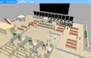 This is a simulation of the international flights departure of an airport. The simulation duration is one day and night. Passengers arrive, pass security controls, customs control, check in, passport control and gate control.