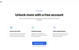 Free account features including 15-day file storage, upload history, download tracking, and easy file management from a personal dashboard.