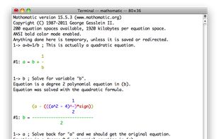 Snapshot of Mathomatic running under the Terminal app on a Mac.