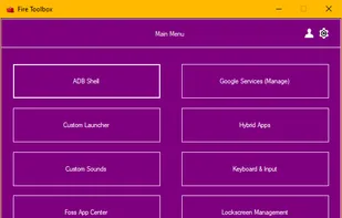 Fire toolbox control panel showing 10 buttons. The buttons read: ADB Shell, Custom Launcher, Custom Sounds, Foss App Center, Google Assistant, Google Services (Manage), Hybrid Apps, Keyboard & Input, Lockscreen Management, Manage Amazon Apps