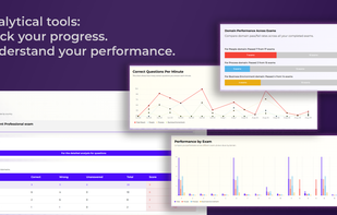 FindExams analytical tools illustrating domain-based performance charts, exam history records, score distribution, and progress tracking visuals.