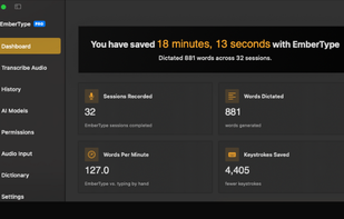 EmberType main dashboard showing voice-to-text dictation interface on macOS