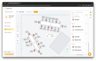 Table planner view with objects and rectangular tables with guest list on the right