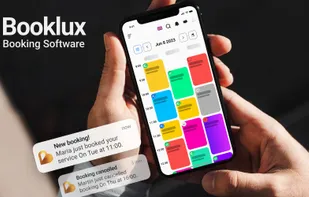 Booklux booking software feature graphic highlighting notifications and calendar bookings.