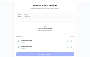 The main conversion interface showing format and quality settings, the batch upload area, and a queue of processed files.