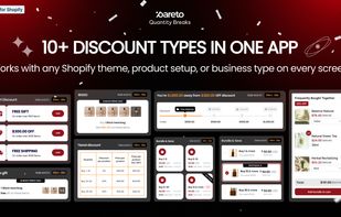 Pareto Quantity Breaks app interface displaying multiple discount types — BOGO, cart discounts, tiered pricing, bundles, and free gift offers — compatible with any Shopify theme and product setup.
