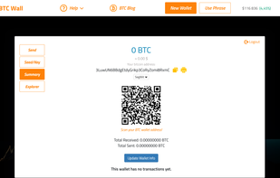 Main wallet interface with balance display, transaction history, and options to send or receive BTC