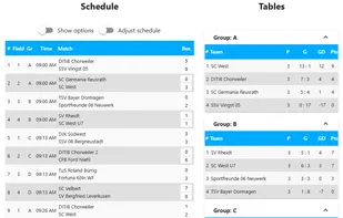 Easily create different tournament formats:

- Group stage followed by knockout rounds
- Knockout stage only
- Group stage only
- Funino format

Choose any number of teams and groups – everything is calculated automatically.
Saved information such as contacts or venues can be reused with just a few clicks.