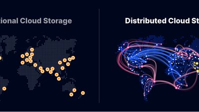 Traditional Cloud Storage with centralized regional data center locations vs. Storj Distributed Cloud Object Storage with tens of thousands of storage nodes in over 100 different countries.