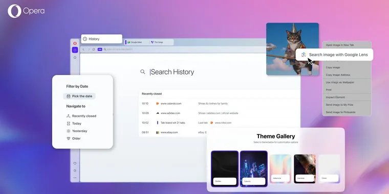 Opera brings redesigned history, Google Lens image search, video ad skip & two new themes image