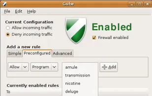 Main Gufw window where you set which applications to allow or block.