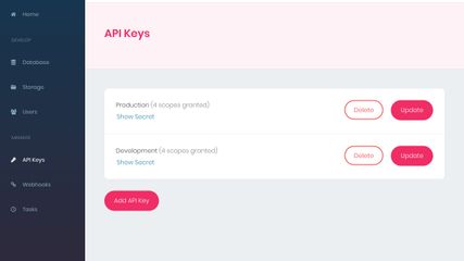 Appwrite API keys dashboard