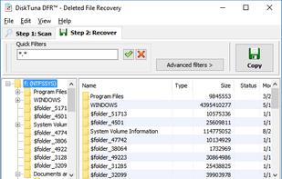 Main screen: Select drive > click Scan > select files > click Copy