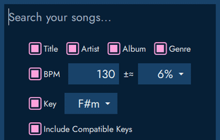 Searching for songs compatible with the BPM and key of another track