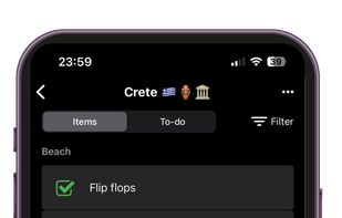 Check off items from your packing list; Easily add items to a shopping list.