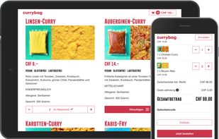 Online shop for curries with individual voucher codes, calculation of delivery charges, connection to Google Sheets, merging of content pages (CMS) and shop in a uniform front-end.