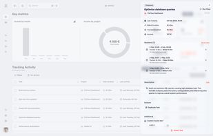 Task detail sheet showing time tracking sessions, total duration, and billable amount. Add descriptions and manage individual task rates.