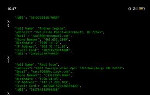 This image displays fake identity data generated using the tool. Each identity includes:
Full name
Address
Email
Phone number
Date of birth
IP address
Credit card number
IMEI number
At the end, it shows that the data has been encrypted and saved in a file named data_9_17.enc in the /root/ directory.