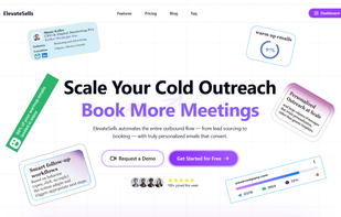 ElevateSells hero section: "Scale Your Cold Outreach, Book More Meetings" with personalized email automation, 99% inbox rate, and "Get Started Free" CTA.