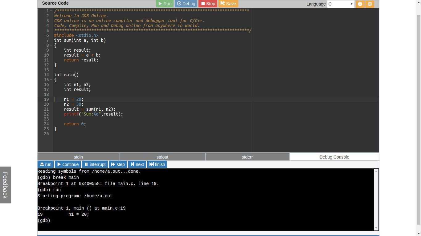 Online GDB is online ide with compiler and debugger for C/C++