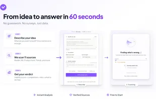 Three-step process: describe your idea, scan 11 sources, get your verdict.