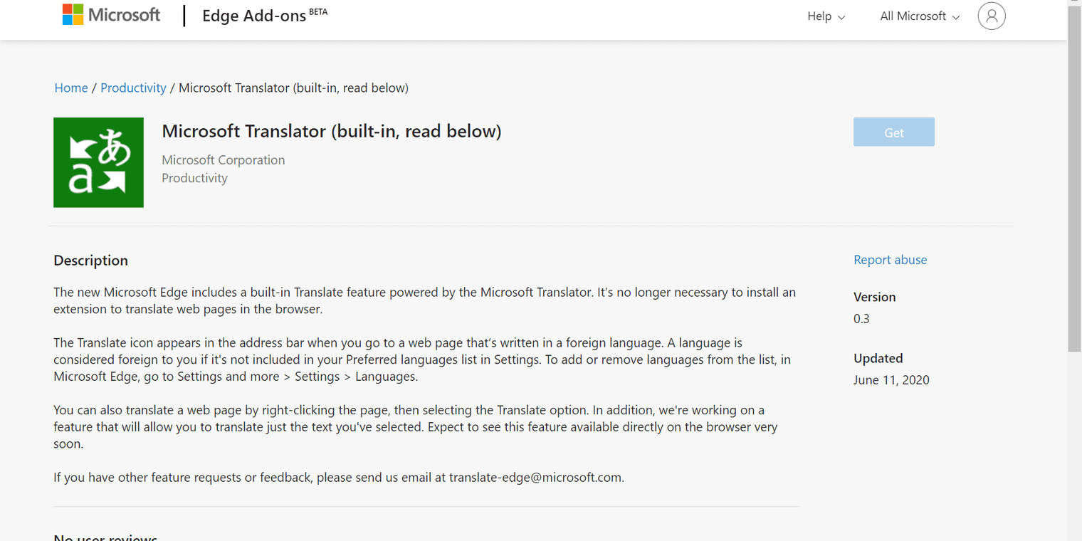 Microsoft Edge now includes a Translator, old extension cannot be installed