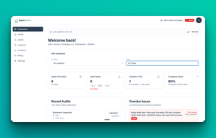 Real-time safety dashboard with at-a-glance KPIs, recent audit activity, and overdue corrective actions - filterable by location and crew.