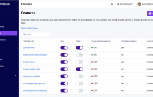 List of feature flags with per-environment toggles