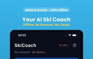 Home dashboard showing your ski stats, personal records, and one-tap start. 100% offline, made in Austria.
