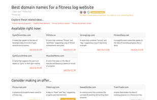Available domains can be registered in two clicks. Parked domains show their ask price.