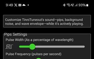 Wave Tab: Customize how sound flows with wave duration and gaps. Fine-tune using Pips (adjust volume, pulse rate, and width for tones from discrete pulses to continuous) and Narrow Band Noise (control background noise volume or mute).